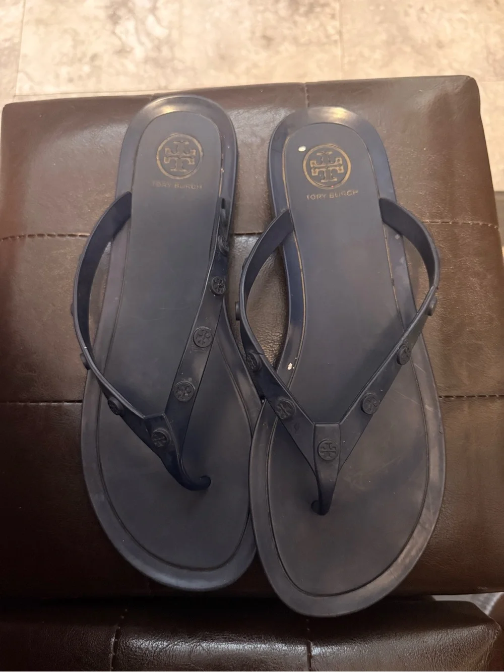 Tory Burch Navy Logo Jelly Thong Sandals - Women's
